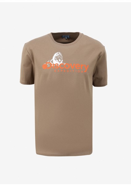 Koyu Bej Erkek Bisiklet Yaka Basic Baskılı T-Shirt D4SM-TST3311
