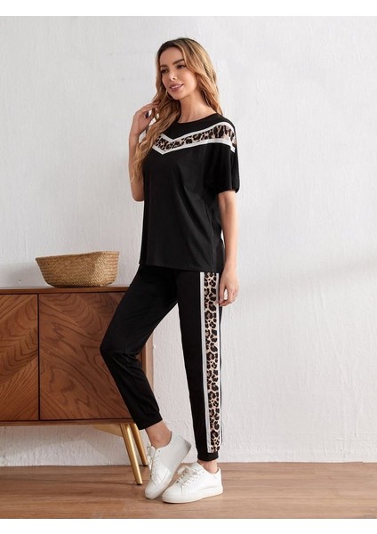 Üst V Leopar, Alt Yan Şerit Leopar Detay Iki Iplik Kumaş Takım indirimleri