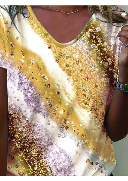 Kadın Kısa Kollu V Yakalı Renkli Geçişli Baskılı Süprem Bluz fiyatları