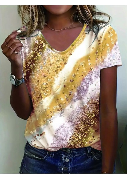 Kadın Kısa Kollu V Yakalı Renkli Geçişli Baskılı Süprem Bluz modelleri