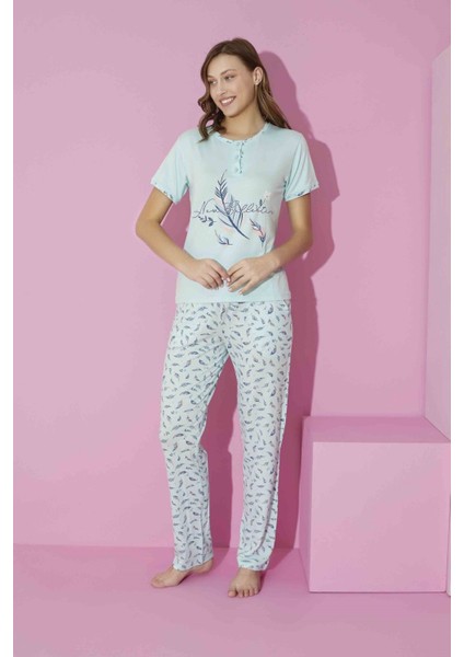 Kadın Su Yeşili Yaprak Desen 3 Düğmeli Bisiklet Yaka Viskon Kısa Kol Cepli Pijama Takımı fiyatları