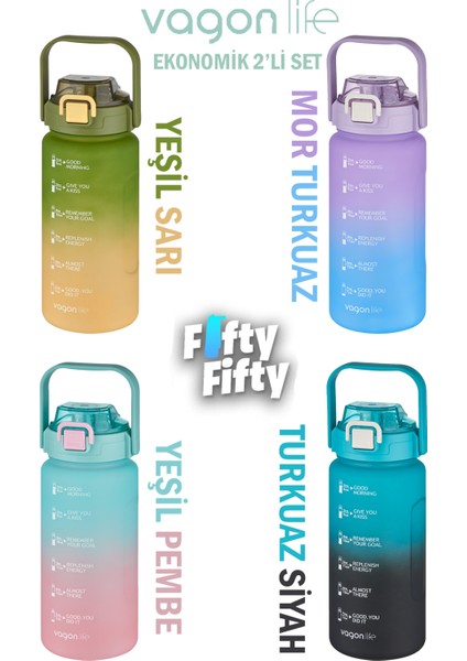 2'li Ekonomik Motivasyon Matara Seti 1500 ml Büyük Boy 4 Farklı Renk Seçeneği Fiftyfifty fırsatları
