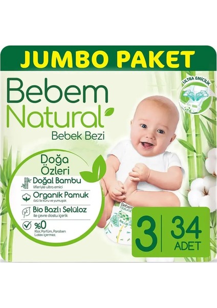 Bebem Natural Bebek Bezi Jumbo Paket (3 No) 34'lü