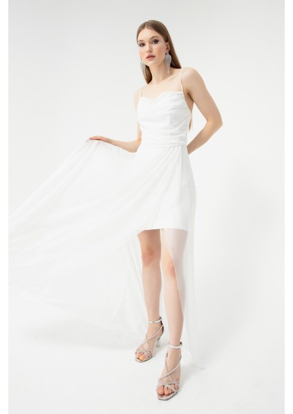 Kadın Beyaz Göğüs Drapeli Volanlı Simli Abiye fiyatları