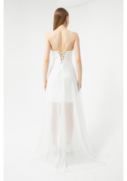 Kadın Beyaz Göğüs Drapeli Volanlı Simli Abiye indirimleri