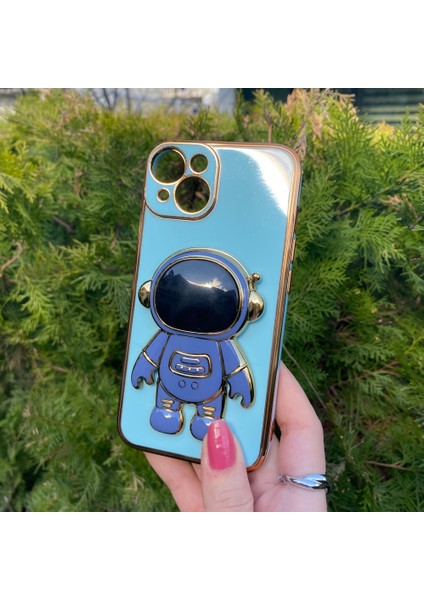 iPhone 14 Mavi Standlı Astronot Silikon Kılıf