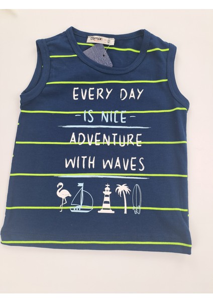 Erkek Çocuk Gri Şort Mavi Baskılı Sıfır Kol Tişort Ikili Takım Cepli