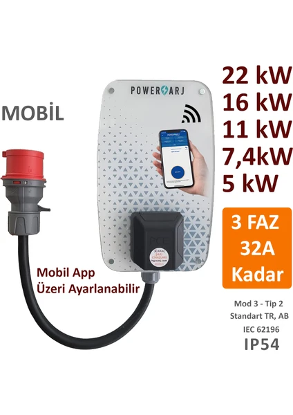 22KW, 16KW, 11KW, 7,4kw, 5kw, 3,4kw Elektrikli Araç Mobil Şarj Cihazı. Mobil App Üzeri Ayarlanabilir Güç Seçenekleri ile Size Özel Güvenli ve Akıllı Şarj Çözümleri Sunar.