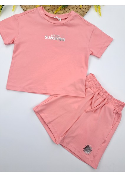 Kız Çocuk Owersize Pembe Tişort Şort Ikili Takım Cep ve Baskı Detaylı
