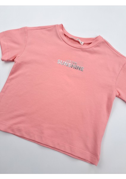 Kız Çocuk Owersize Pembe Tişort Şort Ikili Takım Cep ve Baskı Detaylı fiyatları