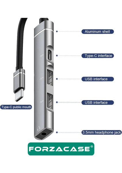 4in1 Type C + 3.5mm Jack + Çift USB Girişli Port Çoğaltıcı Hub Otg Adaptör - FC484