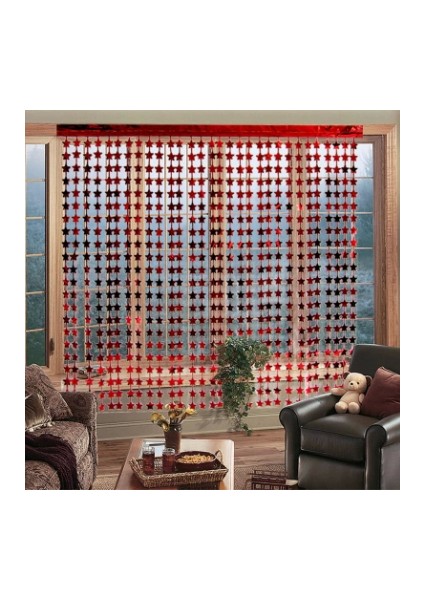 Kırmızı Renk Yıldız Şekilli Metalize Saçaklı Arka Fon Perde Dekorasyon modelleri