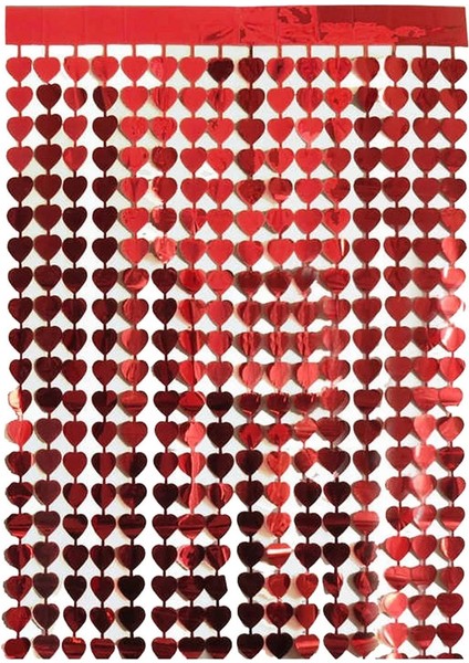Kırmızı Renk Kalp Şekilli Metalize Saçaklı Arka Fon Perde Dekorasyon modelleri
