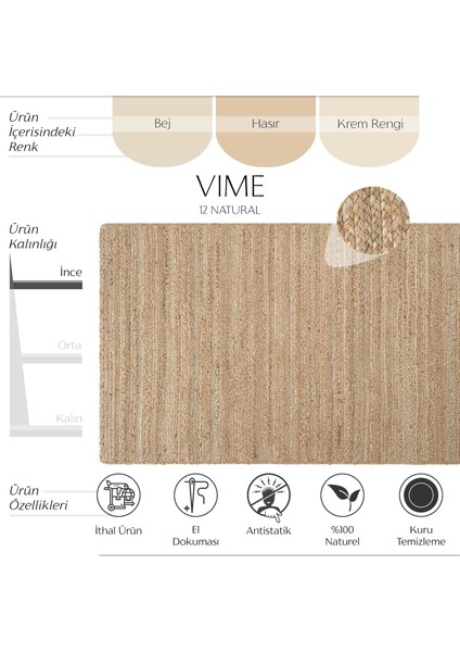 Vime 12 Natural Jüt Halı Yolluk El Dokuma Jüt Kilim Hasır Halı Dekor Otantik Halı Bohem El Halısı