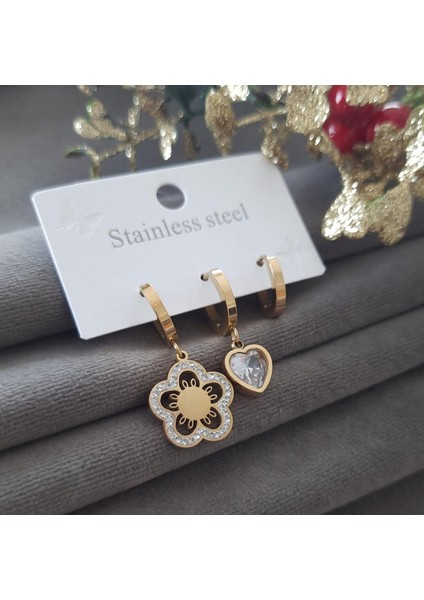 Çelik Gold Renk 3lü Papatya ve Taşlı Kalp Figürlü Kadın Küpe Seti