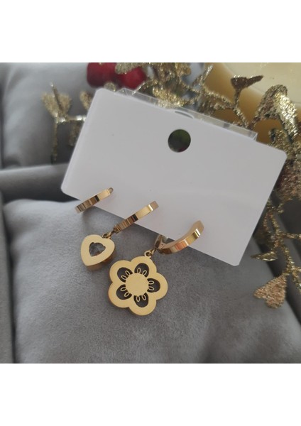 Çelik Gold Renk 3lü Papatya ve Taşlı Kalp Figürlü Kadın Küpe Seti fiyatları