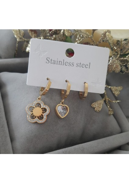 Çelik Gold Renk 3lü Papatya ve Taşlı Kalp Figürlü Kadın Küpe Seti modelleri