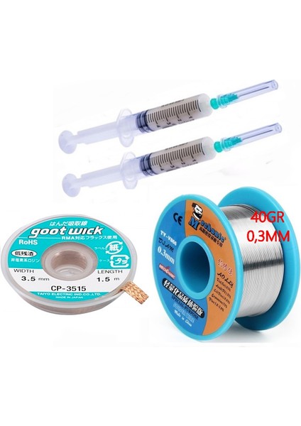 Dörtlü Set Flux,lehim Emme Tel 3,5 mm ve Lehim Teli Soldering 63SN/37PB Flux %1-3 40 Gr 03 mm