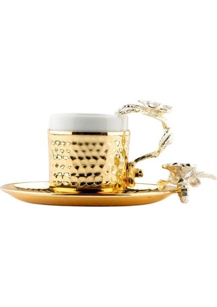 Nikel Japon Gülü Dikdörtgen Tepsi + 6'lı Kahve Fincanı Altın modelleri