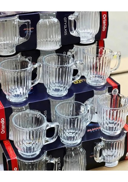 6 Adet Kristal Cam Kulplu Çay Nescafe Kupa Bardak Seti Takımı