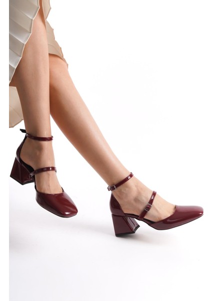 Sigva Mary Jane Yazlık Bordo Rugan Kalın Topuklu Bantlı Ayakkabı modelleri