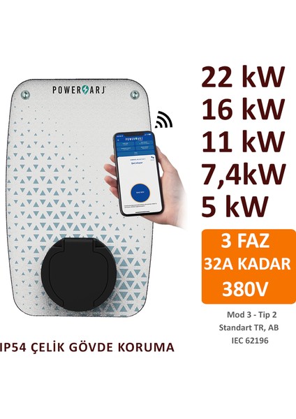 Powerşarj 22KW, 16KW, 11KW, 7,4kw, 5kw, 3,4kw Elektrikli Araç Sabit Duvar Tipi Şarj Cihazı. Mobil App Üzeri Ayarlanabilir Güç Seçenekleri ile Size Özel Güvenli ve Akıllı Şarj Çözümleri Sunar.