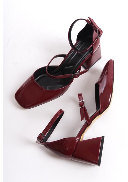 Sigva Mary Jane Yazlık Bordo Rugan Kalın Topuklu Bantlı Ayakkabı