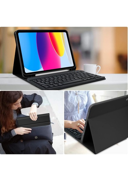 Apple İpad 11.Nesil A16 2025/10. Nesil Uyumlu Tablet Klavyeli Kılıf Kablosuz Bluetooth Özellikli Manyetik Standlı Kapak A3354 A3355 A3356 modelleri