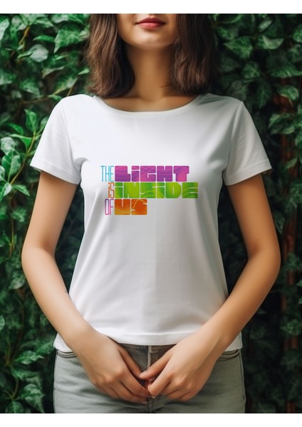 The Light Is Inside Of Us Baskılı Penye Beyaz T-Shirt