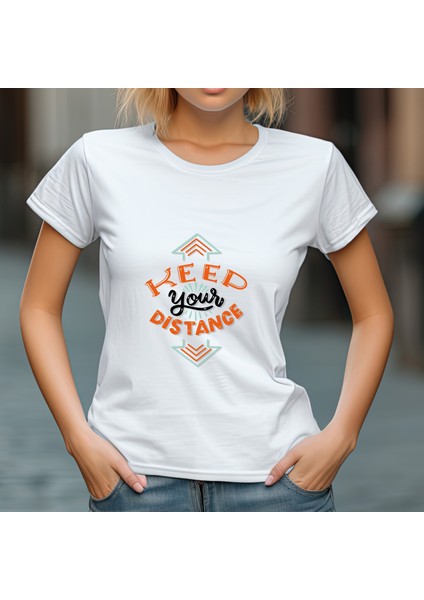 Keep Your Distance Beyaz Pamuk Slim T-Shirt