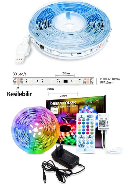 Şerit LED Kumandalı Bluetoothlu 3 Çipli 5050 LED Tv Arkası LED 5 Metre