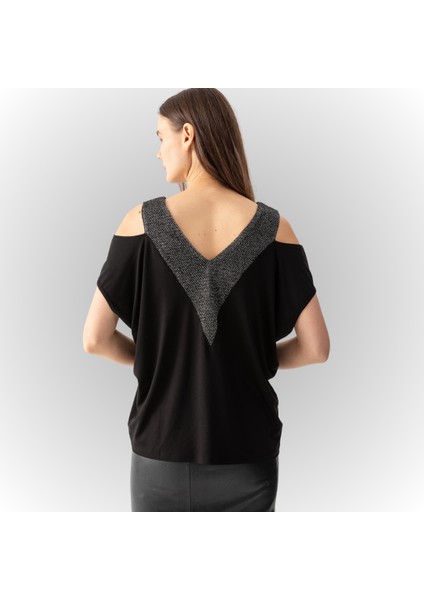 Kadın Siyah Arka Dekolteli Omuzları Açık Sim File Detaylı V Yaka Bluz indirimleri