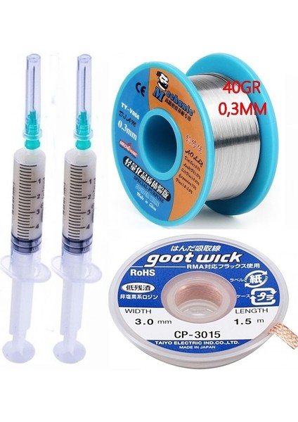 Flux Lehim Toplama,lehim Emme Tel 3,0 mm ve Lehim Teli Soldering 63SN/37PB Flux %1-3 40 Gr 03 mm 4in1 Arada