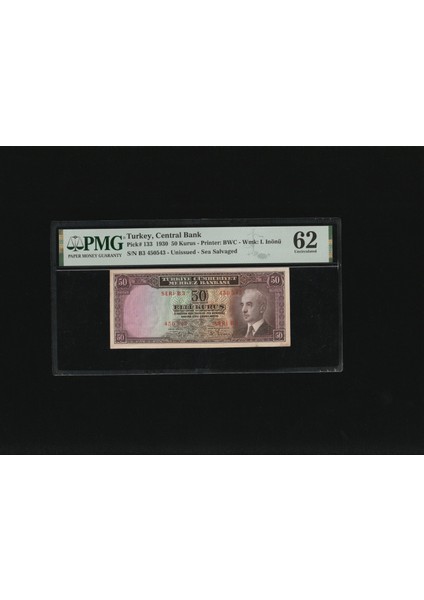 Pmg 62 Unc Çil Inönü Batan Gemi 50 Kuruş P 133 1930 S/n B3 450543/44 2. Ems