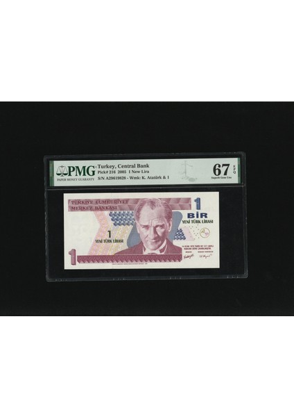 Bir Yeni Türk Lirası 1 Ytl P216 2005 Pmg 67 Epq Superb Gem Unc S/n A29619828 / 8.ems 1. Tertip