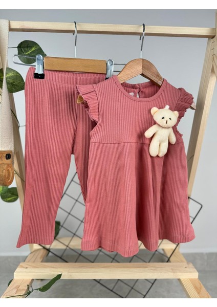 Ayı Aksesuarlı Interlok Taytlı Kız Bebek/çocuk Ikili Takım