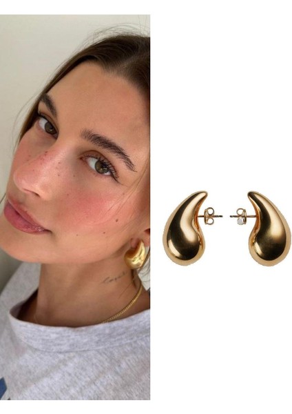 3cm Orijinal Boy Damla Çelik Küpe - Gold