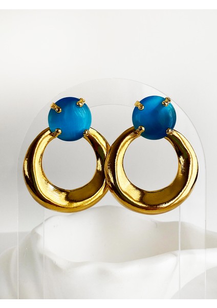 Özel Tasarım Altın Kaplama El Yapımı Mavi Kedi Gözü Taşlı Halka Küpe