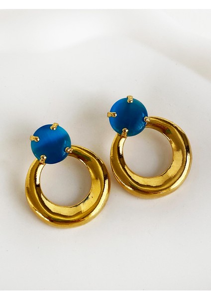 Özel Tasarım Altın Kaplama El Yapımı Mavi Kedi Gözü Taşlı Halka Küpe fiyatları