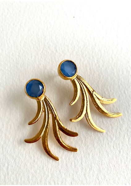 Özel Tasarım Altın Kaplama Mavi Kedi Gözü Doğal Taşlı Rüzgar Küpe