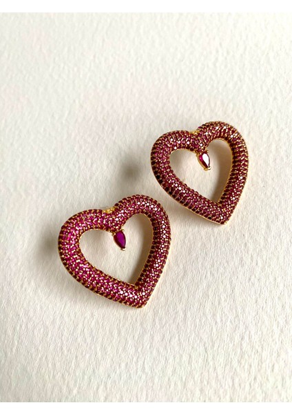 Özel Tasarım Fuşya Taşlı Kalp Küpe
