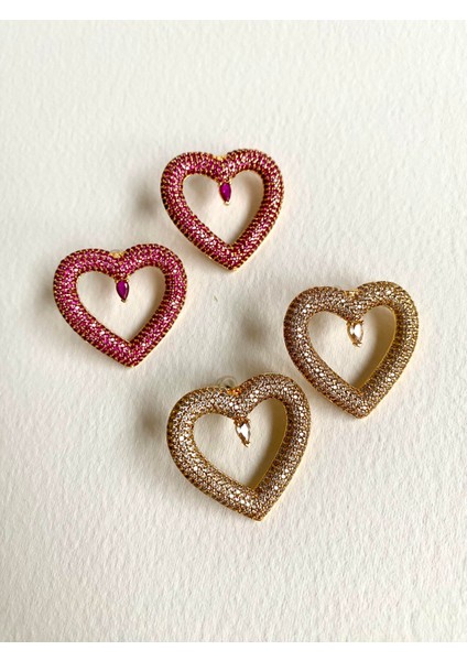 Özel Tasarım Fuşya Taşlı Kalp Küpe modelleri