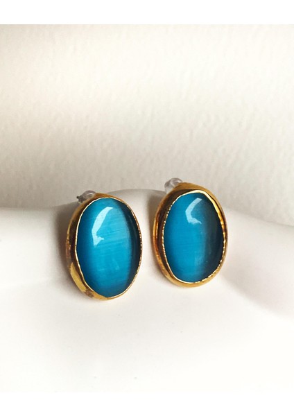 Özel Tasarım Mavi Kedi Gözü Taşlı Okyanus Küpe