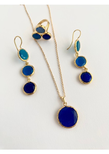 Özel Tasarım Kedi Gözü Yuvarlak Taşlı Sallantılı Küpe - Mavi Tonları fiyatları