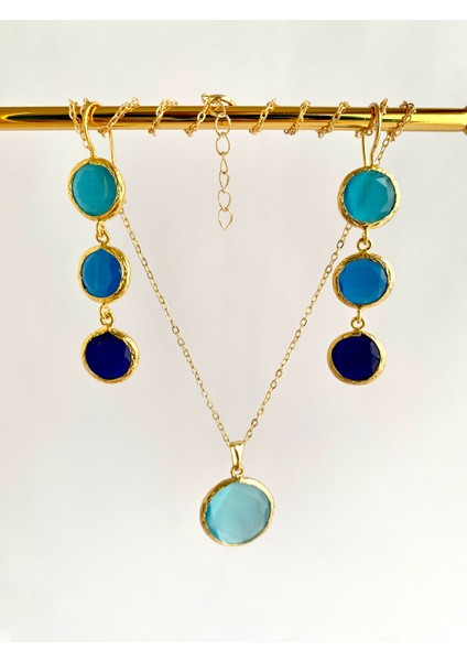 Özel Tasarım Kedi Gözü Yuvarlak Taşlı Sallantılı Küpe - Mavi Tonları fırsatları