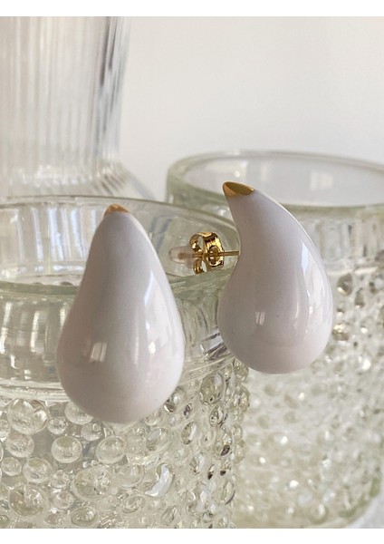 3cm Orijinal Boy Mine Kaplamalı Damla Küpe - Beyaz