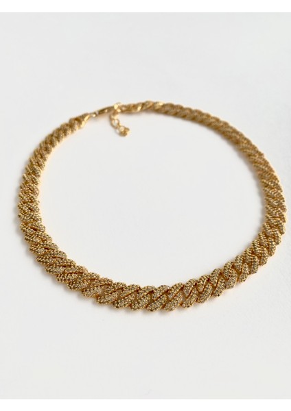 Özel Tasarım Zirkon Taşlı Choker Zincir Kolye - Gold