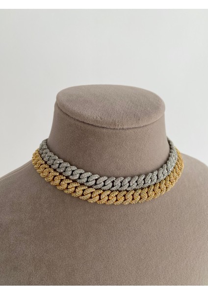 Özel Tasarım Zirkon Taşlı Choker Zincir Kolye - Gold