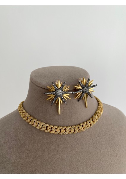 Özel Tasarım Zirkon Taşlı Choker Zincir Kolye - Gold