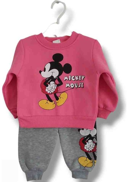 Kız Bebek Çocuk Alt Üst Eşofman Takımı Kışlık 3 Ip Şardonlu Pembe Mickey Minnie Mouse